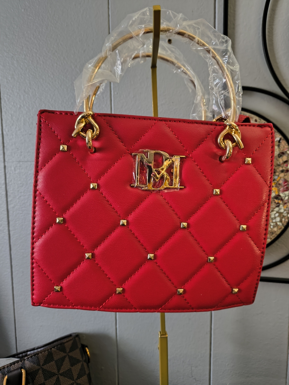 Red Quilted Satchel Handbag with Gold Hardware